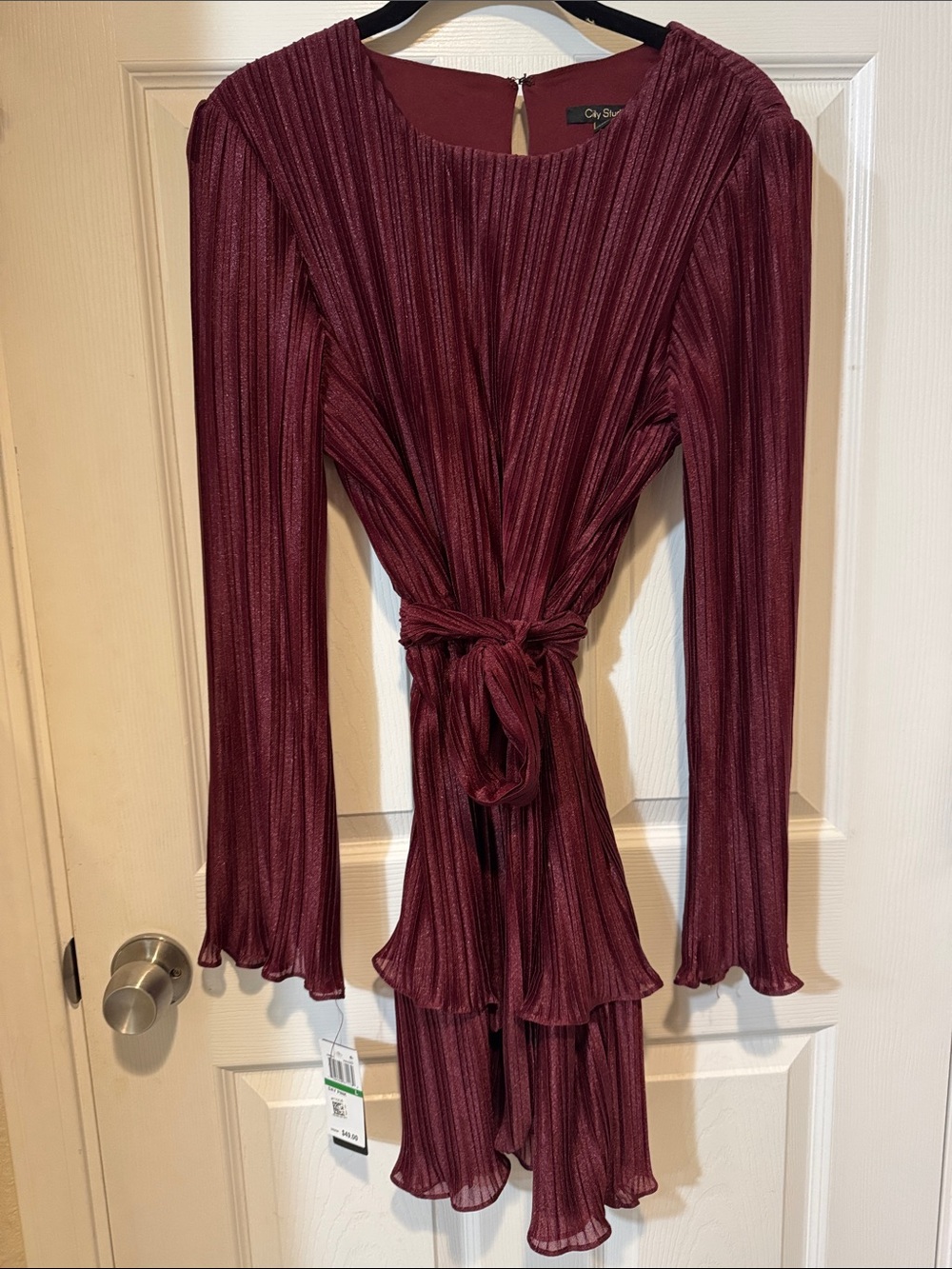 City Studio Burgundy Ribbed Tie-Front Ruffle Dress